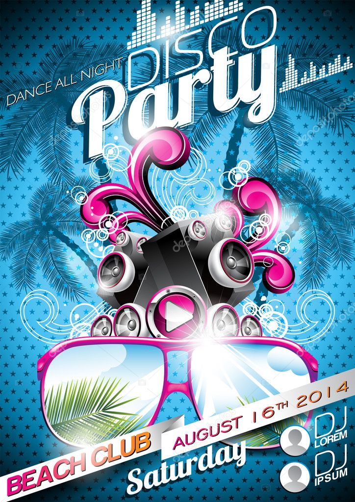 Vector diseño de flyer fiesta disco con altavoces y gafas de sol ... Désign sol Diseño