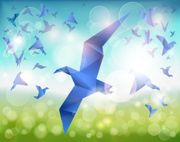 Paper Flight, Origami Blue Birds fly over beautiful landscape.