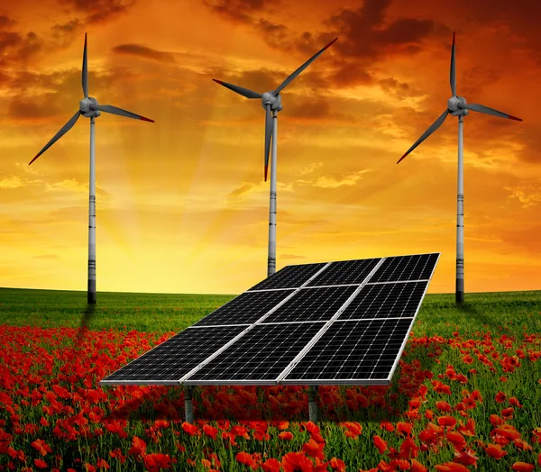 Solar energy panels and wind turbine on the poppy field