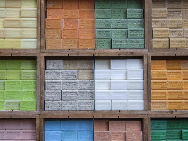 Provence, France. Eco-friendly products on the counter of the city market . Soap of different varieties