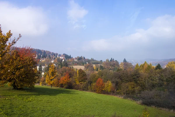 Austria. View from the window of the going train on the foothills of the Alps in the foggy autumn afternoon