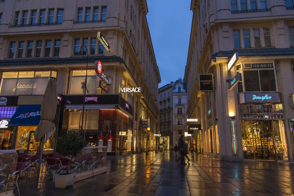 Vienna , Austria. Tourists walk on the evening streets in rainy weather