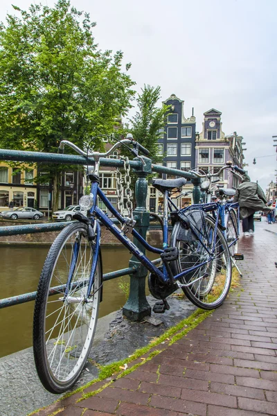 Amsterdam, Netherlands, on July 7, 2014. Bicycles on the bank of the channel. The bicycle is very popular type of transport in Holland