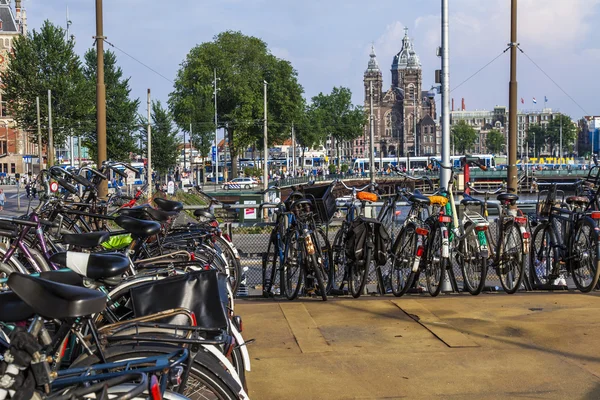 Amsterdam, Netherlands, on July 10, 2014. The bicycles parked in the city street