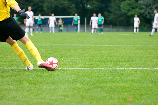 Soccer player kicks the ball. Horizontal image of soccer ball wi