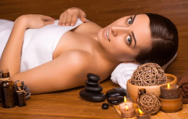 Beautiful brunette in a massage parlor