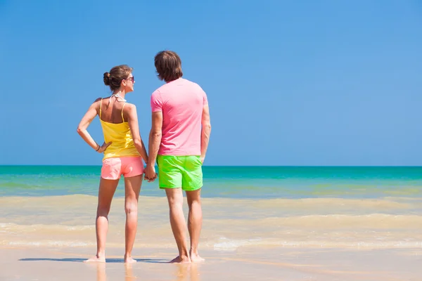 Back view of couple holding hands on tropical beach
