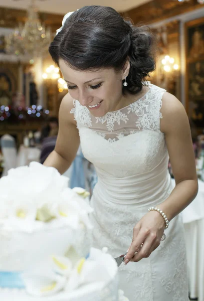 Smiling beautiful bride cutting the wedding cake
