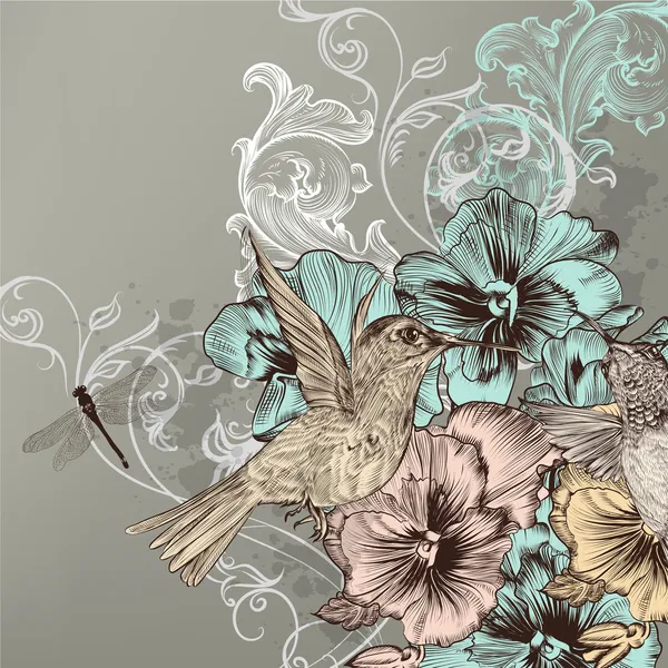 Elegant floral background with flowers and humming birds