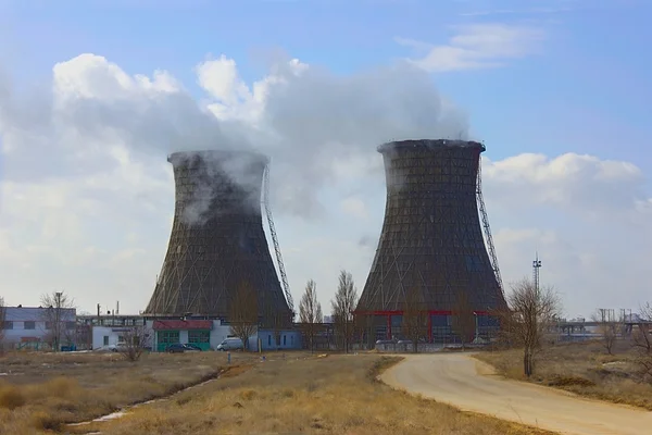 View of factory and smoke stacks