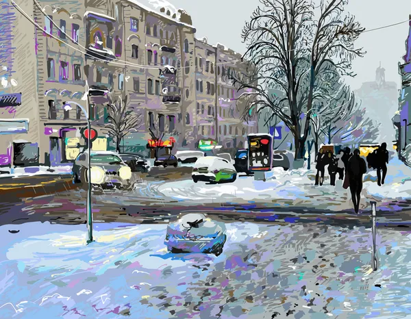 Digital painting of winter Kiev city landscape, Ukraine