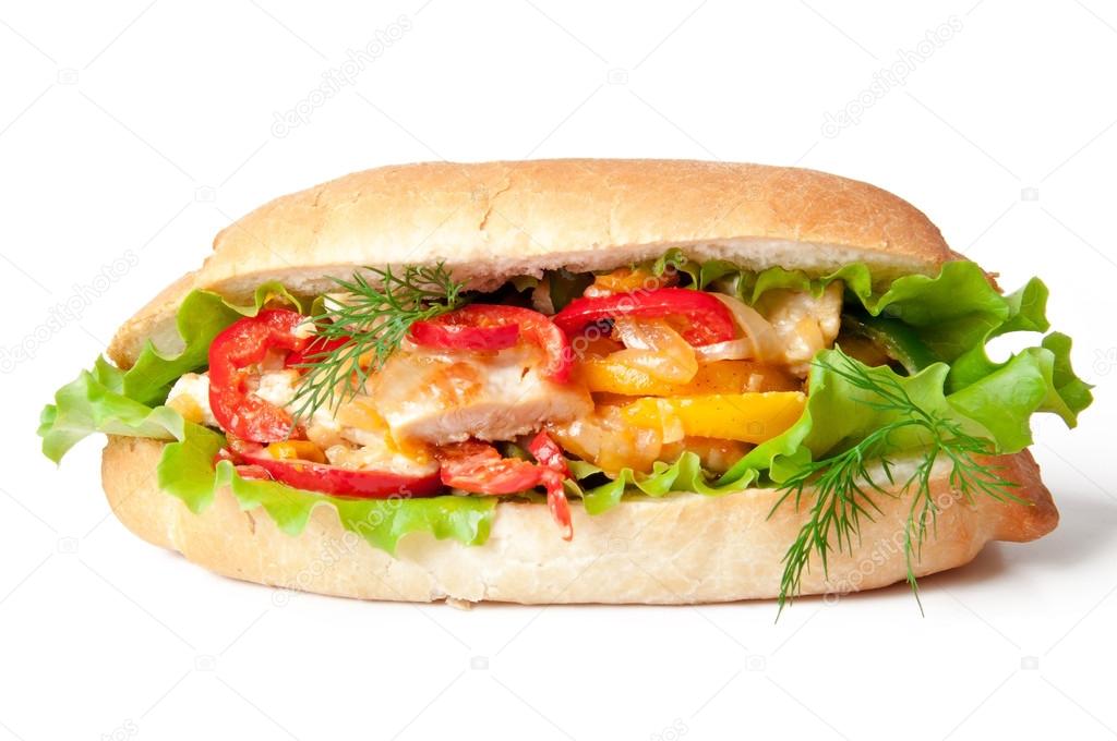 Sándwich de pollo a la brasa con pimentón y lechuga — Foto de Stock