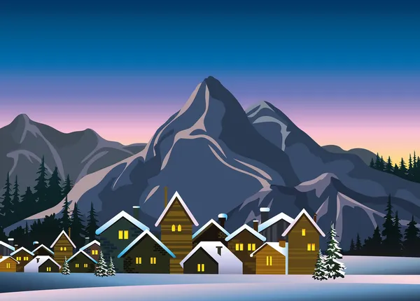 Winter landscape with snow houses and mountains