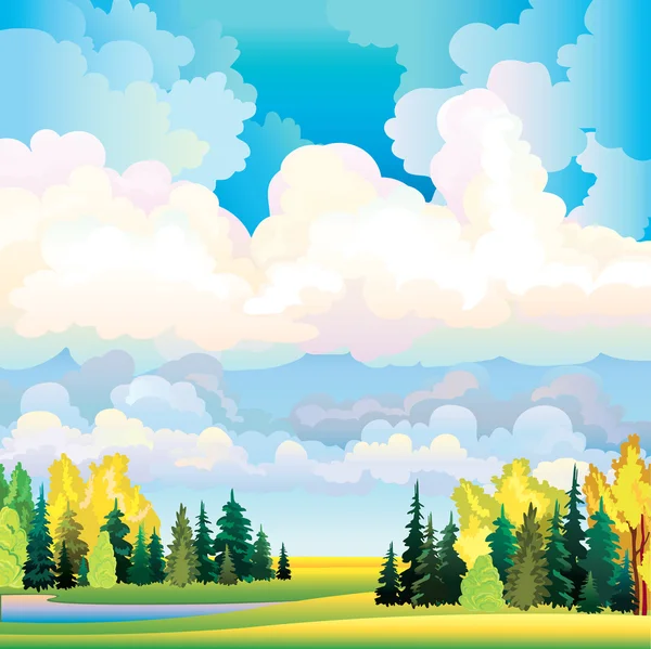Autumn landscape with clouds, trees and meadow — Stock Vector #16343939