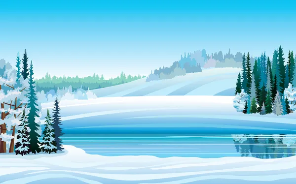 Vector winter landscape with lake and forest