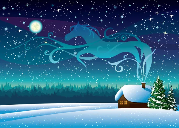 Winter landscape with hut and magic horse silhouette.