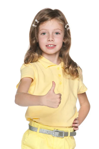 Girl in yellow blouse with her thumb up