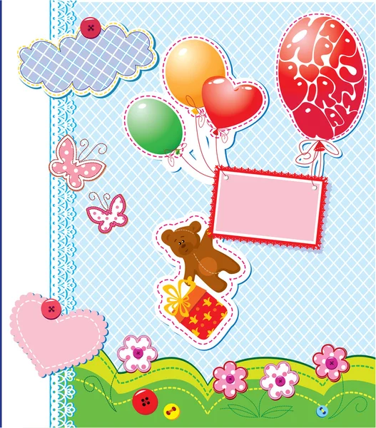Baby birthday card with teddy bear and gift box flying with ball