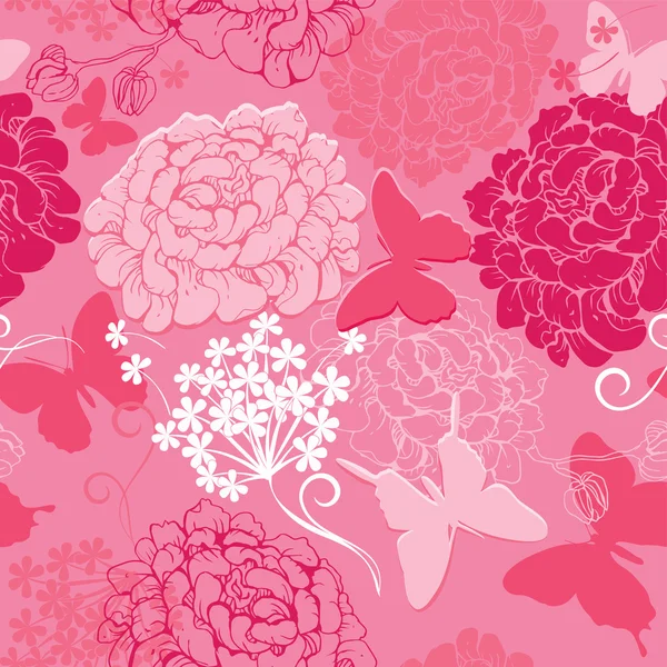 Seamless pattern with butterflies silhouettes and hand drawn flo
