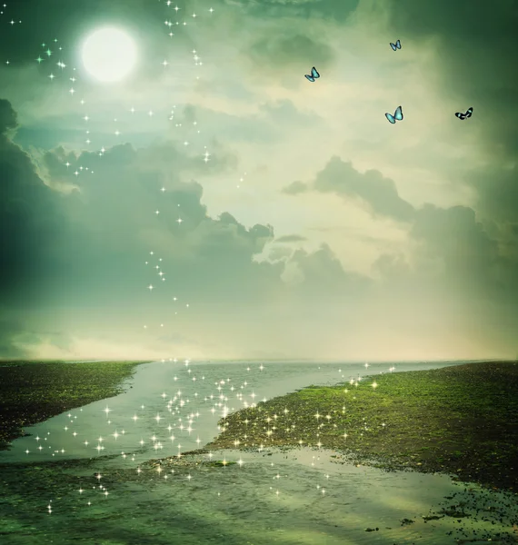 Butterflies and moon in fantasy landscape