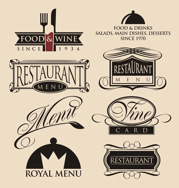 Vintage set of restaurant signs, symbols, logo elements and icons.