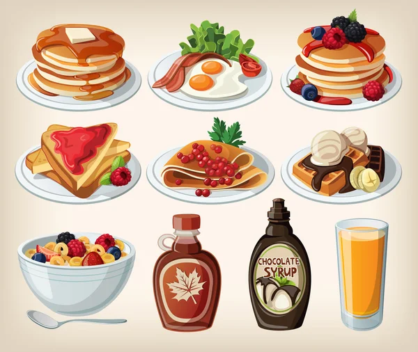 Classic breakfast cartoon set with pancakes, cereal, toasts and waffles