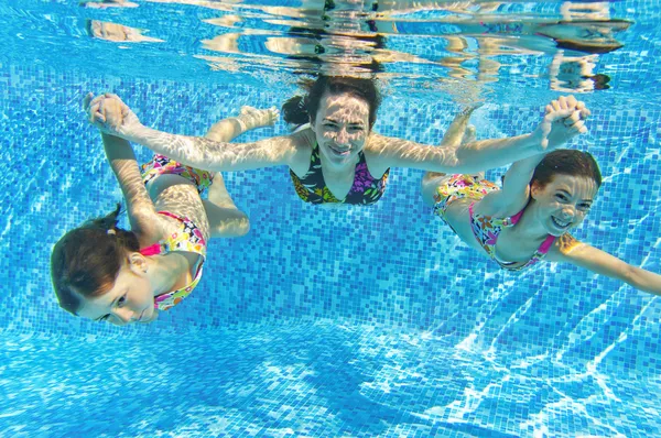Happy smiling family underwater in swimming pool
