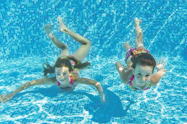 Happy smiling underwater children in swimming pool