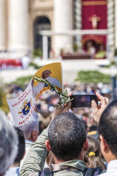 Faithful with flag of Pope francis and an olive branch