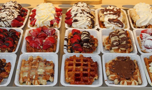 Belgian waffles on street stall in Brussels, Belgium, Europe