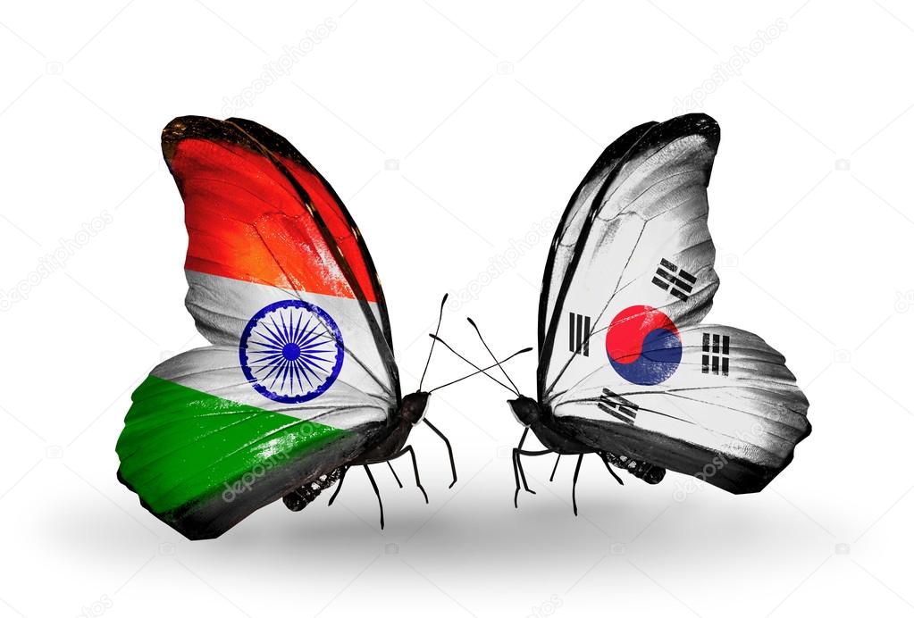 Two butterflies with flags on wings as symbol of relations India and