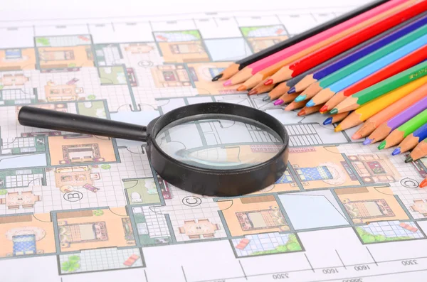 House plan,magnifier and color pencil