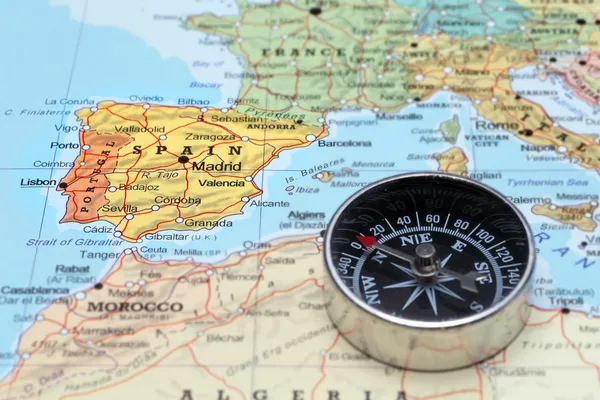 Travel destination Spain, map with compass