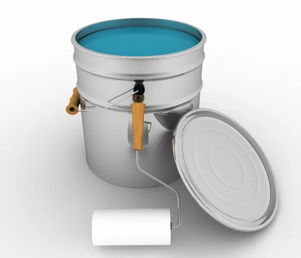Open bucket with a paint and roller.