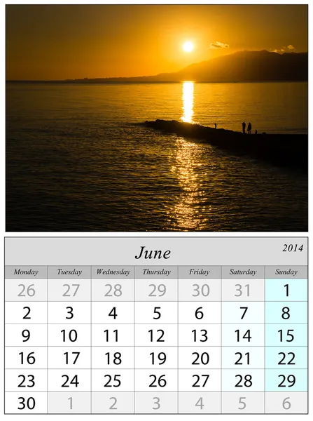 Calendar June 2014. Beach in Malaga, Spain.