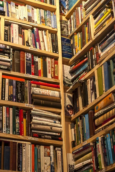 Secondhand bookstore shelves corner