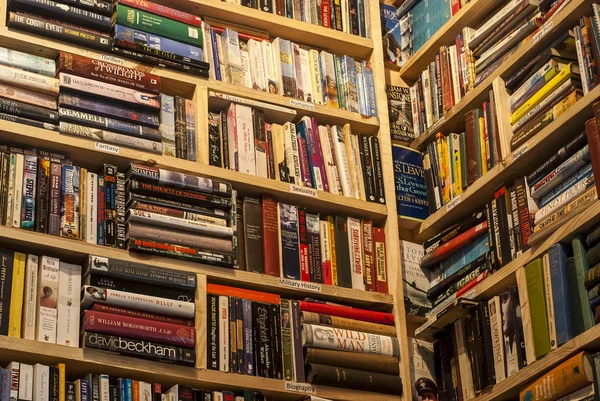 Secondhand bookstore shelves corner