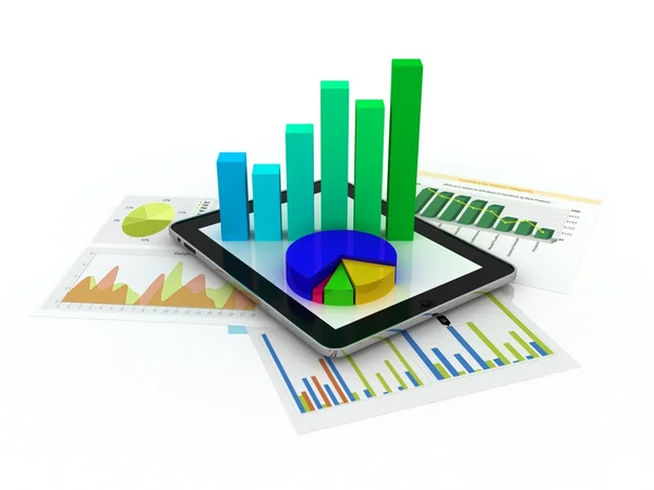 Tablet showing a spreadsheet and a paper with statistic charts,