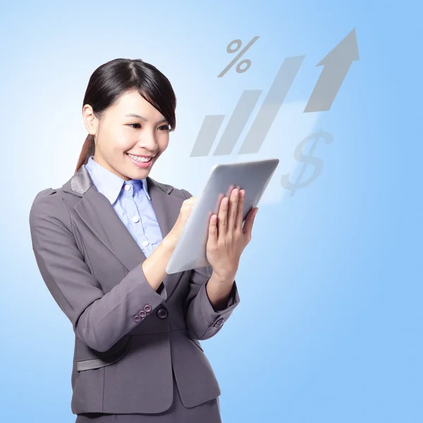 Happy business woman with tablet pc
