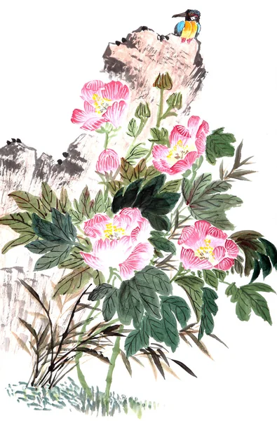 Traditional Chinese painting ,peony and bird