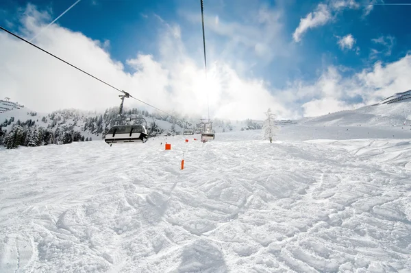 Scenic view from ski lift in Austrian Alps during winter in remote ski area
