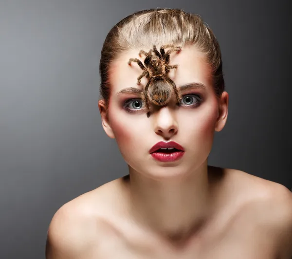 Scary Arachnid Predator on Beauty Woman Face sitting