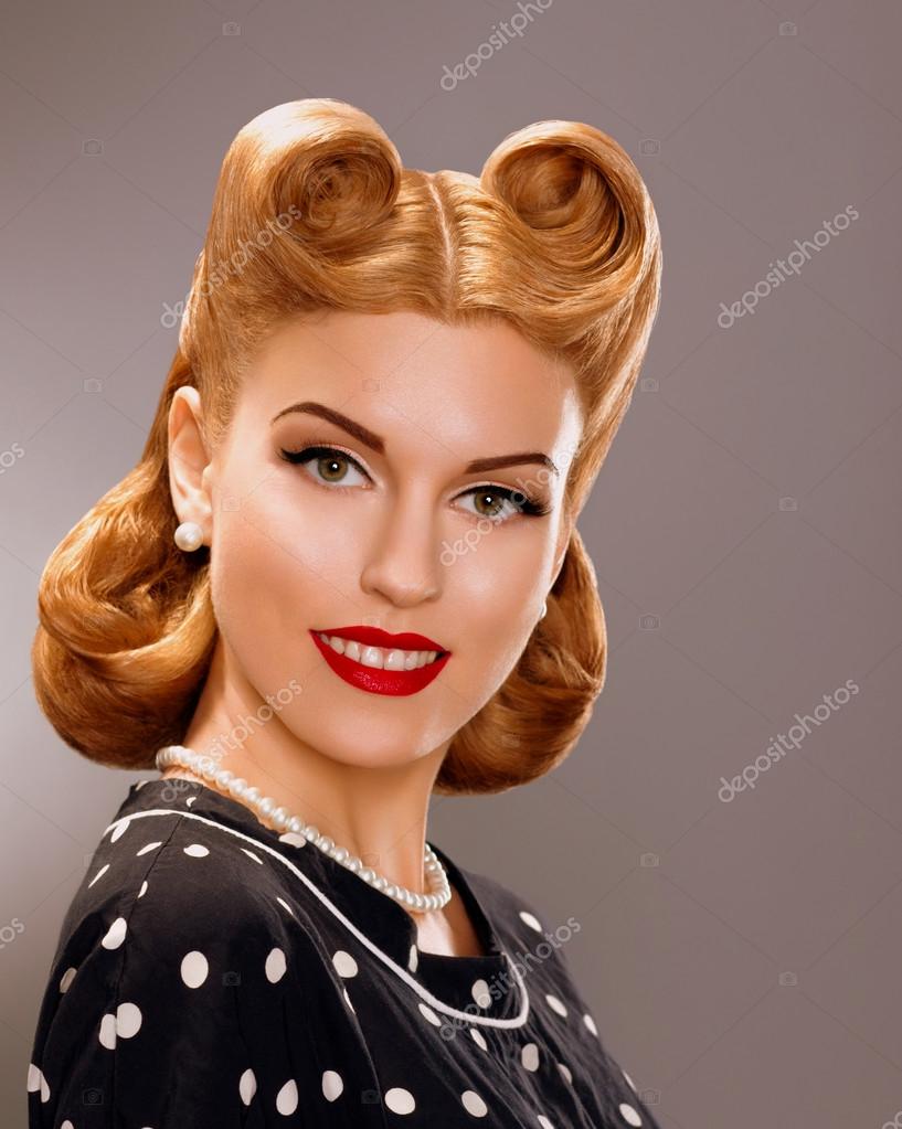 Nostalgia Styled Smiling Woman With Retro Golden Hair Style Nobility