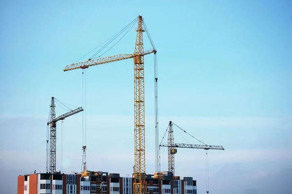 , three cranes on top of high-rise building