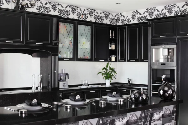 Black and white modern kitchen with stylish furniture