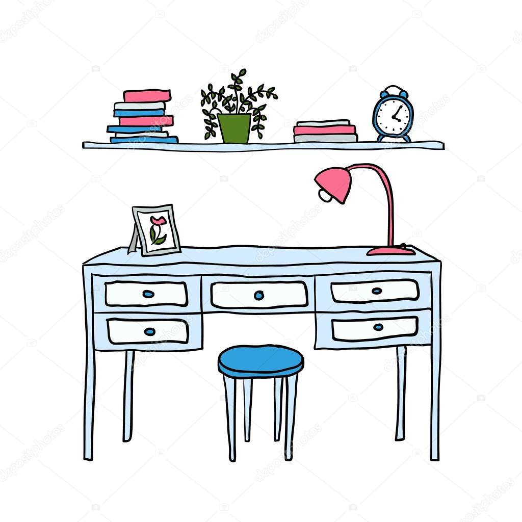 "vector illustrated desk and shelf with books" стоковое изоб.