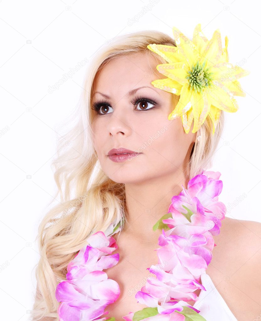 Beautiful Hawaiian Girl With Yellow Flower On Her Blonde Hair Beautiful Hawaiian Girl With Yellow Flower On Her Blonde Hair Isolated White Background Portrait Stock Image