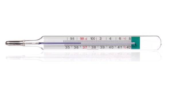 Body thermometer displaying healthy human body temperature 36.6 Celsius and 98.6 Fahrenheit, isolated on white background.