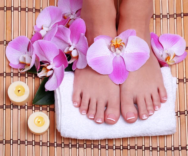 Pedicure. Beautiful female feet with french manicure