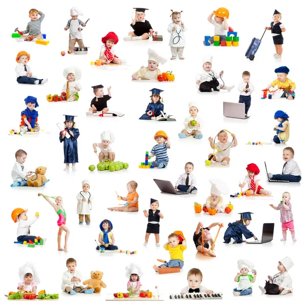 Children or kids or babies playing professions isolated on white